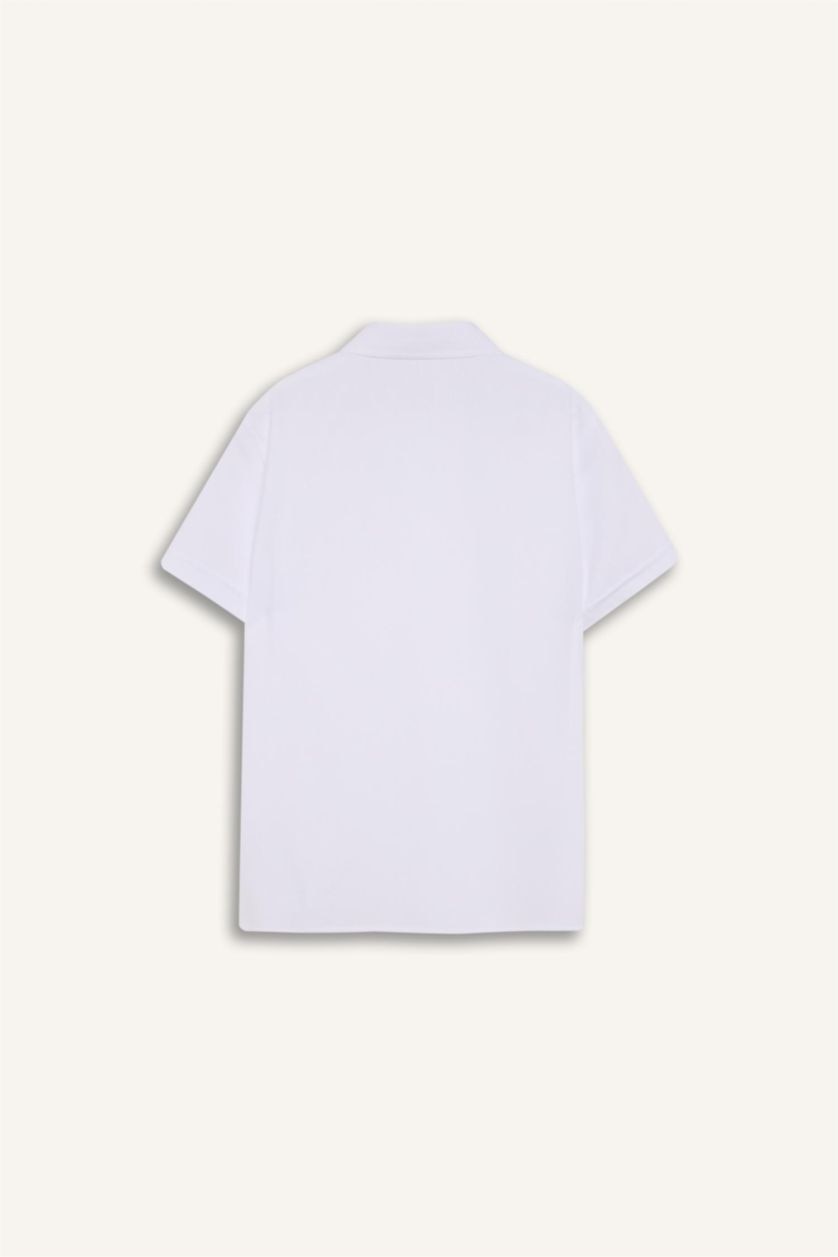 Erkek Çocuk - Genç Erkek Beyaz Polo Yaka Dokulu Kısa Kollu Gömlek Erkek Çocuk