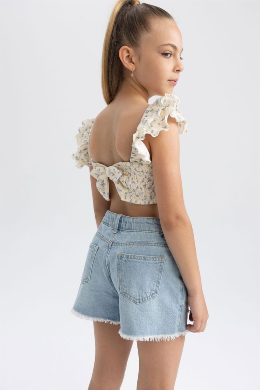 Kız Çocuk - Genç Kız Ekru Fıtted Bürümcük Kısa Kollu Tişört Kız Çocuk