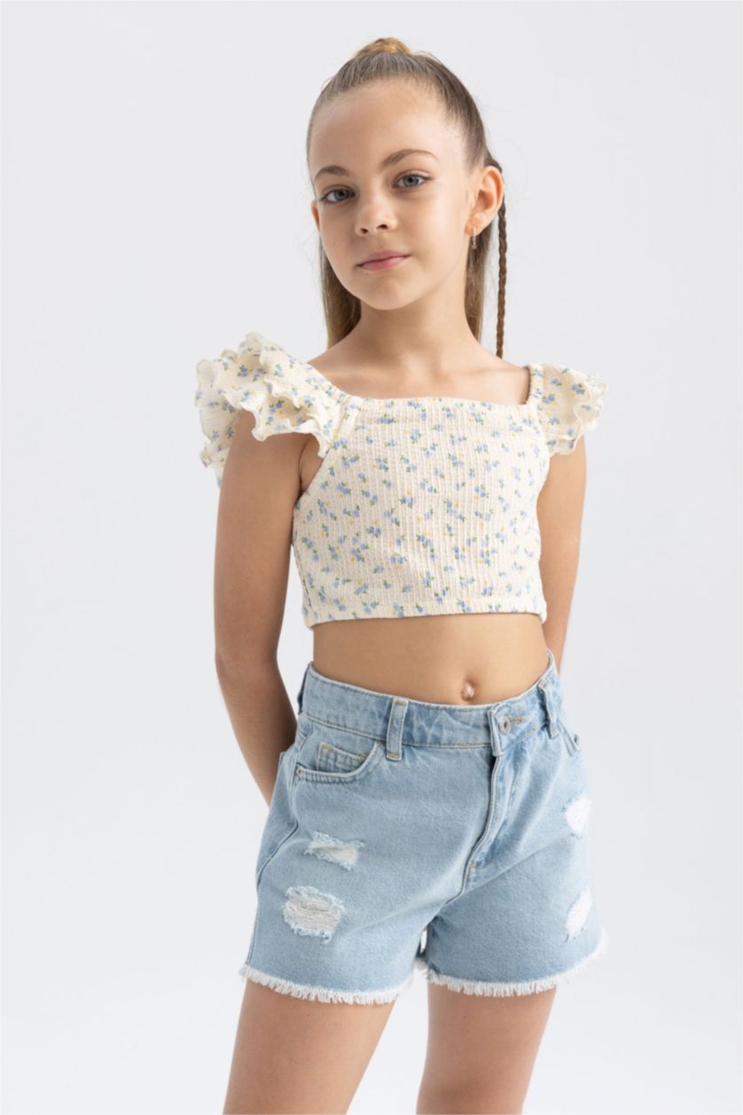 Kız Çocuk - Genç Kız Ekru Fıtted Bürümcük Kısa Kollu Tişört Kız Çocuk