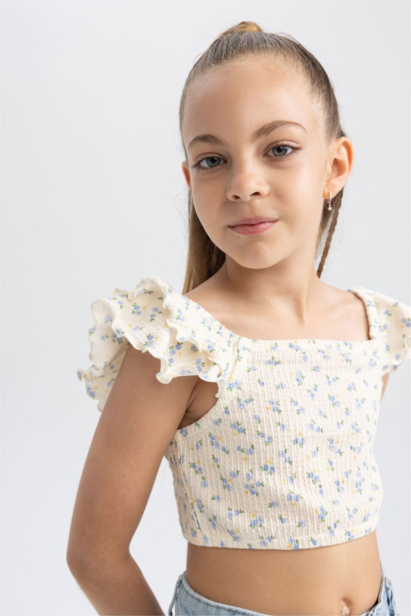 Kız Çocuk - Genç Kız Ekru Fıtted Bürümcük Kısa Kollu Tişört Kız Çocuk