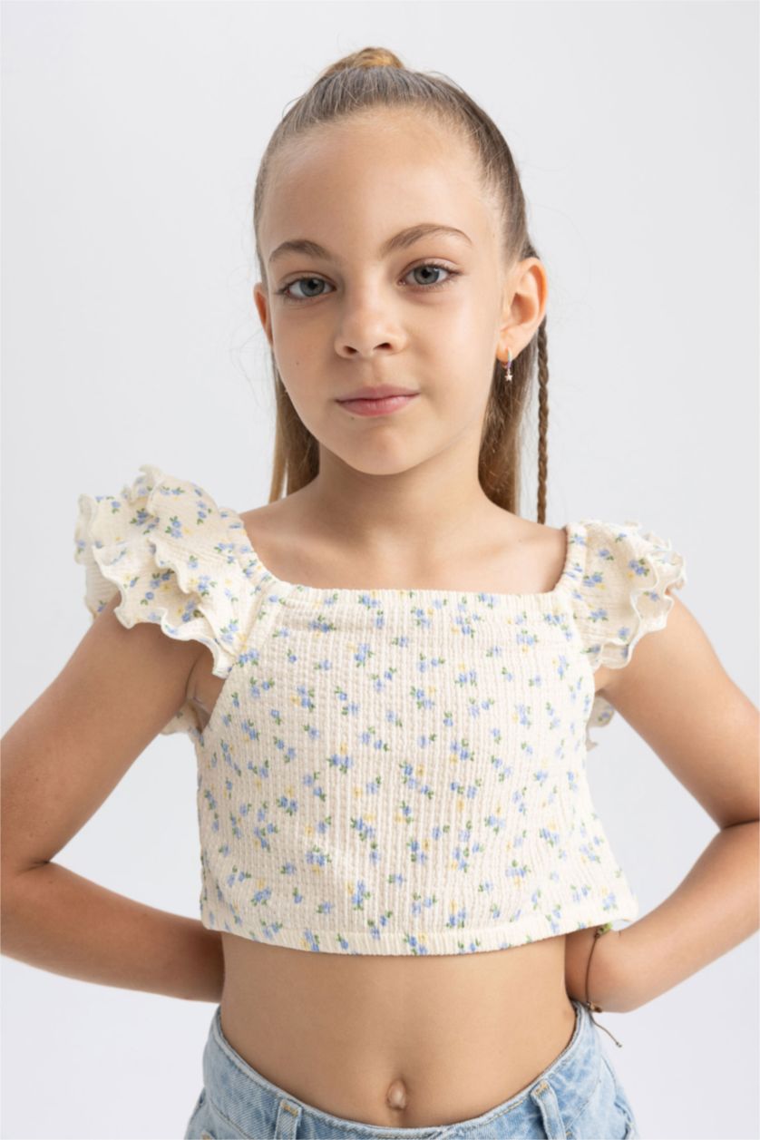 Kız Çocuk - Genç Kız Ekru Fıtted Bürümcük Kısa Kollu Tişört Kız Çocuk