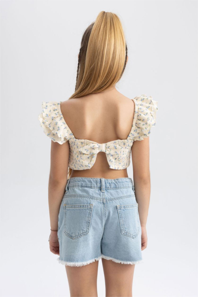 Kız Çocuk - Genç Kız Ekru Fıtted Bürümcük Kısa Kollu Tişört Kız Çocuk