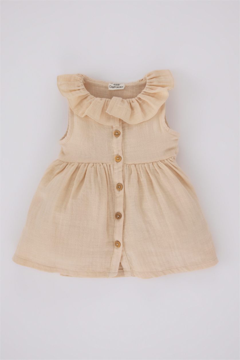 طفلة صغيرة اللون الحجري فستان بناتي موسلين بقصة عادية بدون أكمام