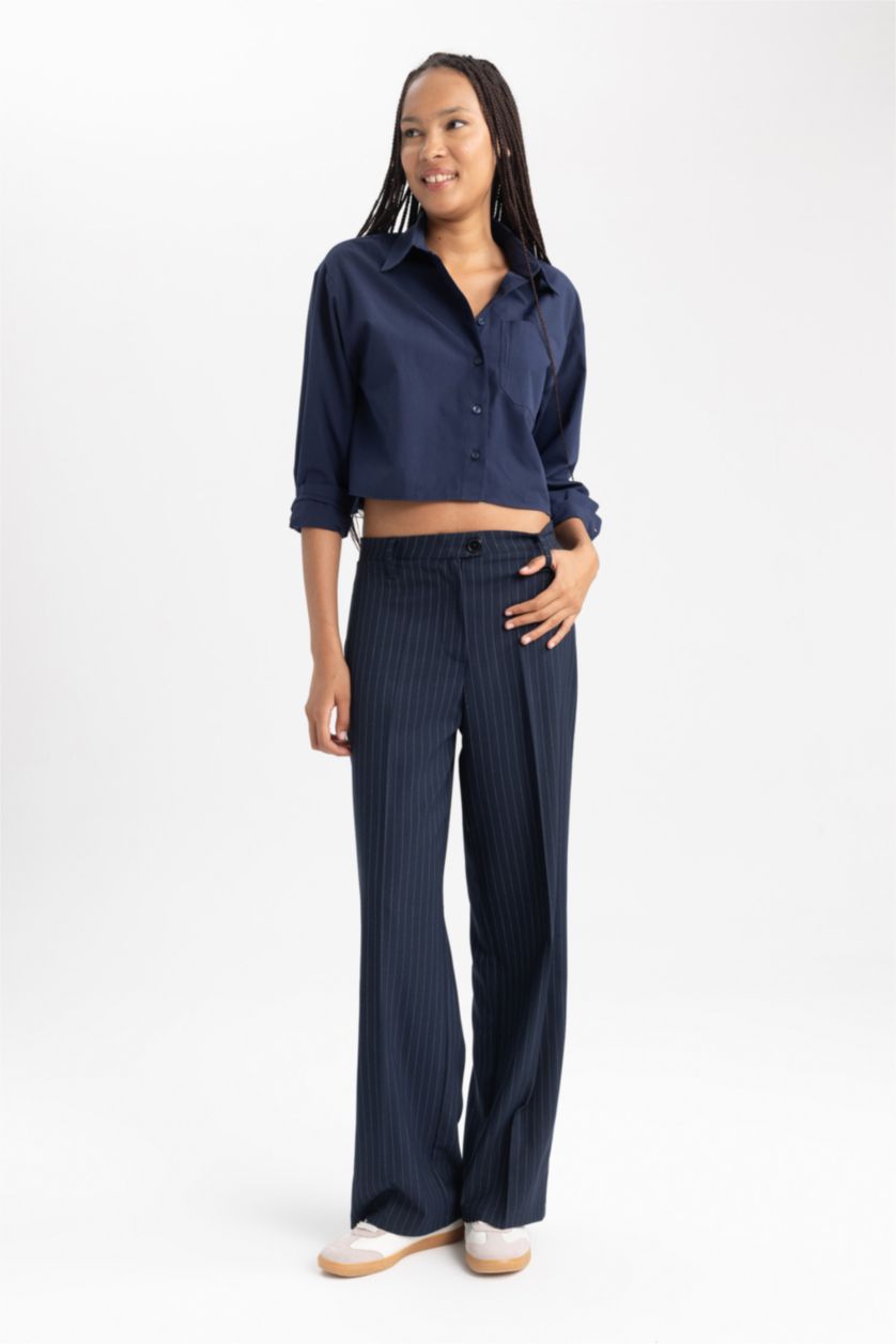 Kadın Lacivert Klasik Pantolon Wide Leg Geniş Bol Paça Cepli Çizgili Yüksek Bel Standart Boy