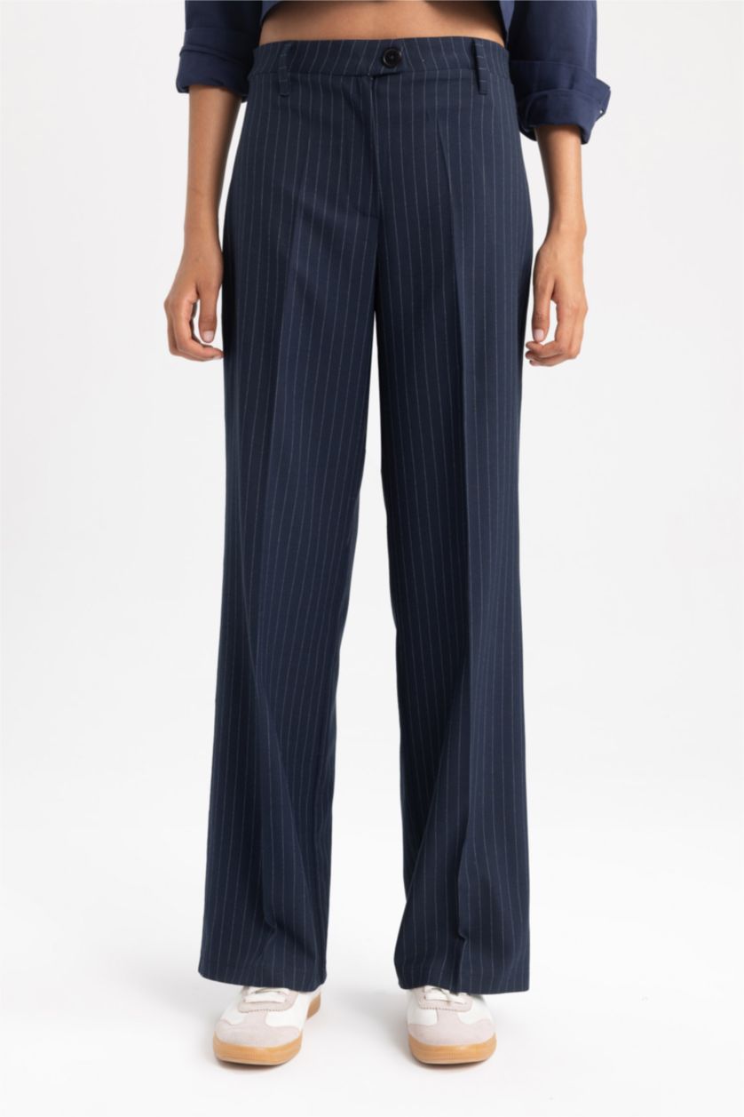Kadın Lacivert Klasik Pantolon Wide Leg Geniş Bol Paça Cepli Çizgili Yüksek Bel Standart Boy