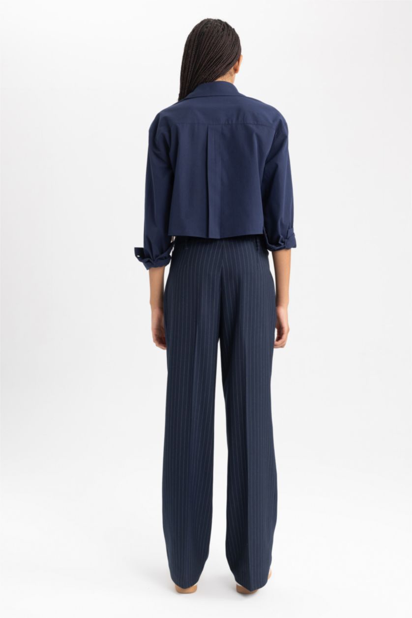 Kadın Lacivert Klasik Pantolon Wide Leg Geniş Bol Paça Cepli Çizgili Yüksek Bel Standart Boy