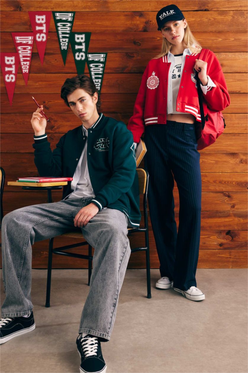 Kadın Lacivert Klasik Pantolon Wide Leg Geniş Bol Paça Cepli Çizgili Yüksek Bel Standart Boy