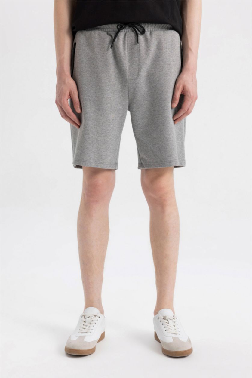 Erkek Gri Melanj Slim Fit Dar Kesim Fermuar Cepli Basic Düz Şort