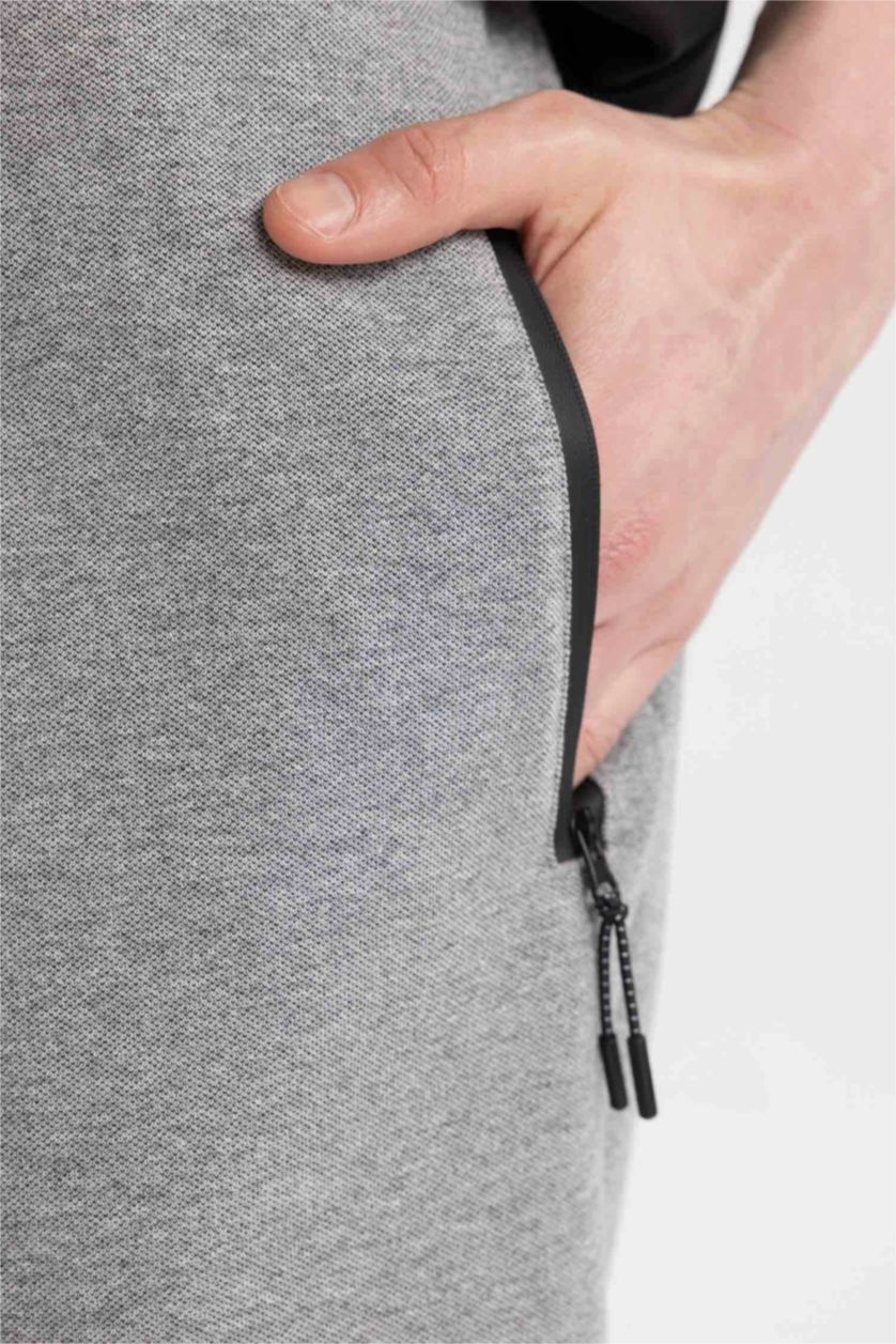 Erkek Gri Melanj Slim Fit Dar Kesim Fermuar Cepli Basic Düz Şort