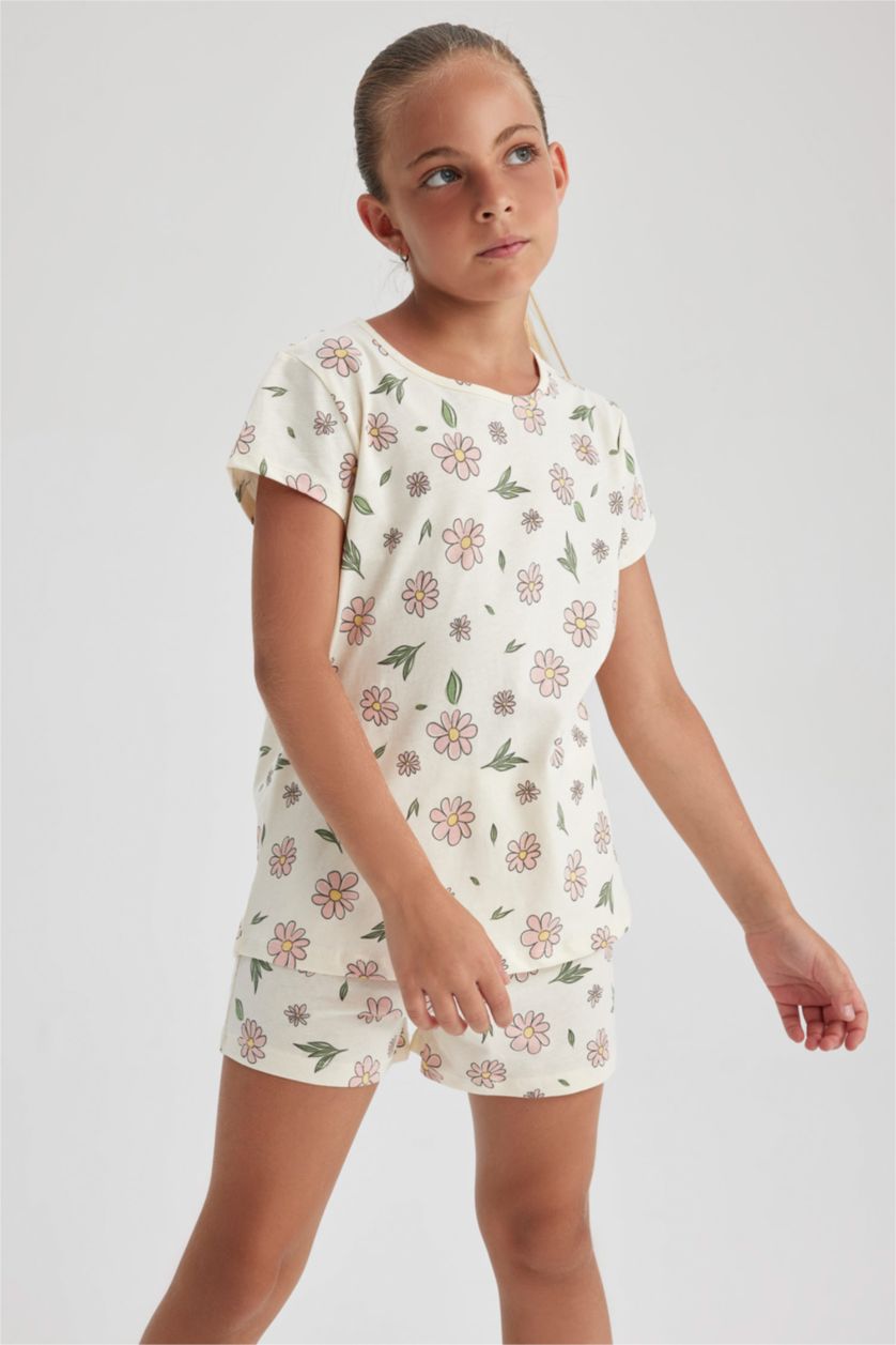 Kız Çocuk - Genç Kız Ekru Kız Çocuk Çiçekli Kısa Kollu Şortlu Pijama Takımı