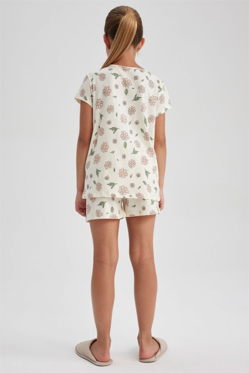 Kız Çocuk - Genç Kız Ekru Kız Çocuk Çiçekli Kısa Kollu Şortlu Pijama Takımı
