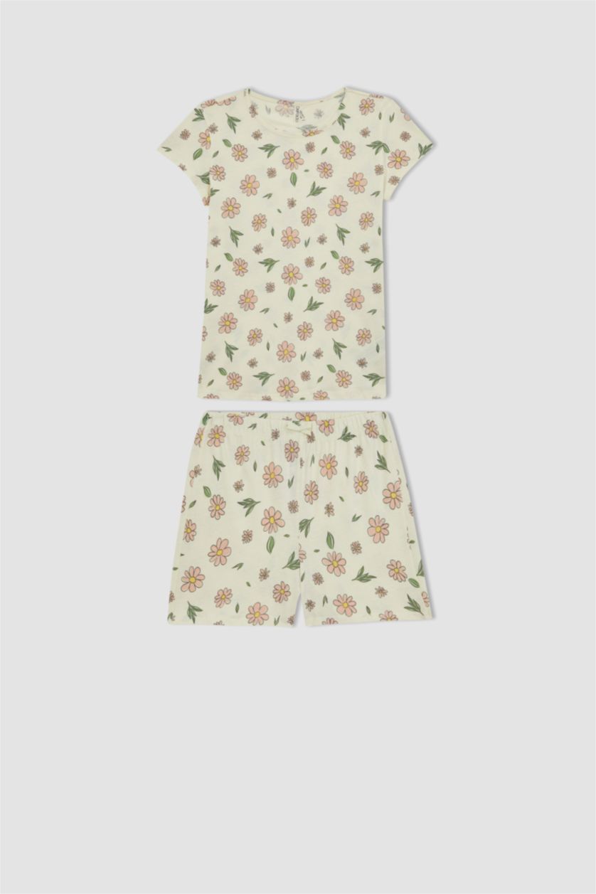 Kız Çocuk - Genç Kız Ekru Kız Çocuk Çiçekli Kısa Kollu Şortlu Pijama Takımı