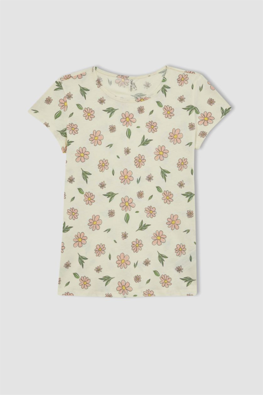 Kız Çocuk - Genç Kız Ekru Kız Çocuk Çiçekli Kısa Kollu Şortlu Pijama Takımı