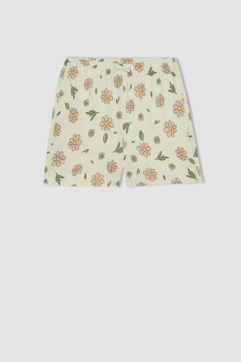 Kız Çocuk - Genç Kız Ekru Kız Çocuk Çiçekli Kısa Kollu Şortlu Pijama Takımı