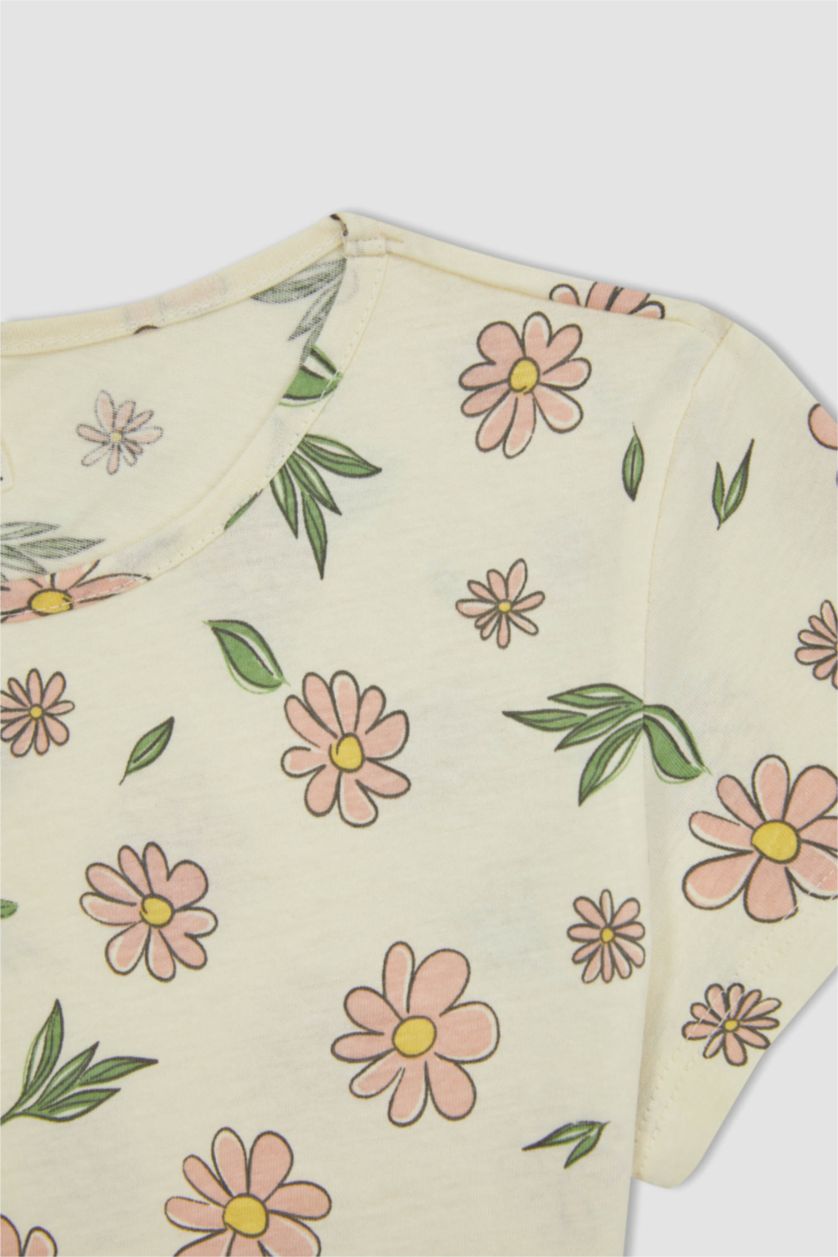 Kız Çocuk - Genç Kız Ekru Kız Çocuk Çiçekli Kısa Kollu Şortlu Pijama Takımı
