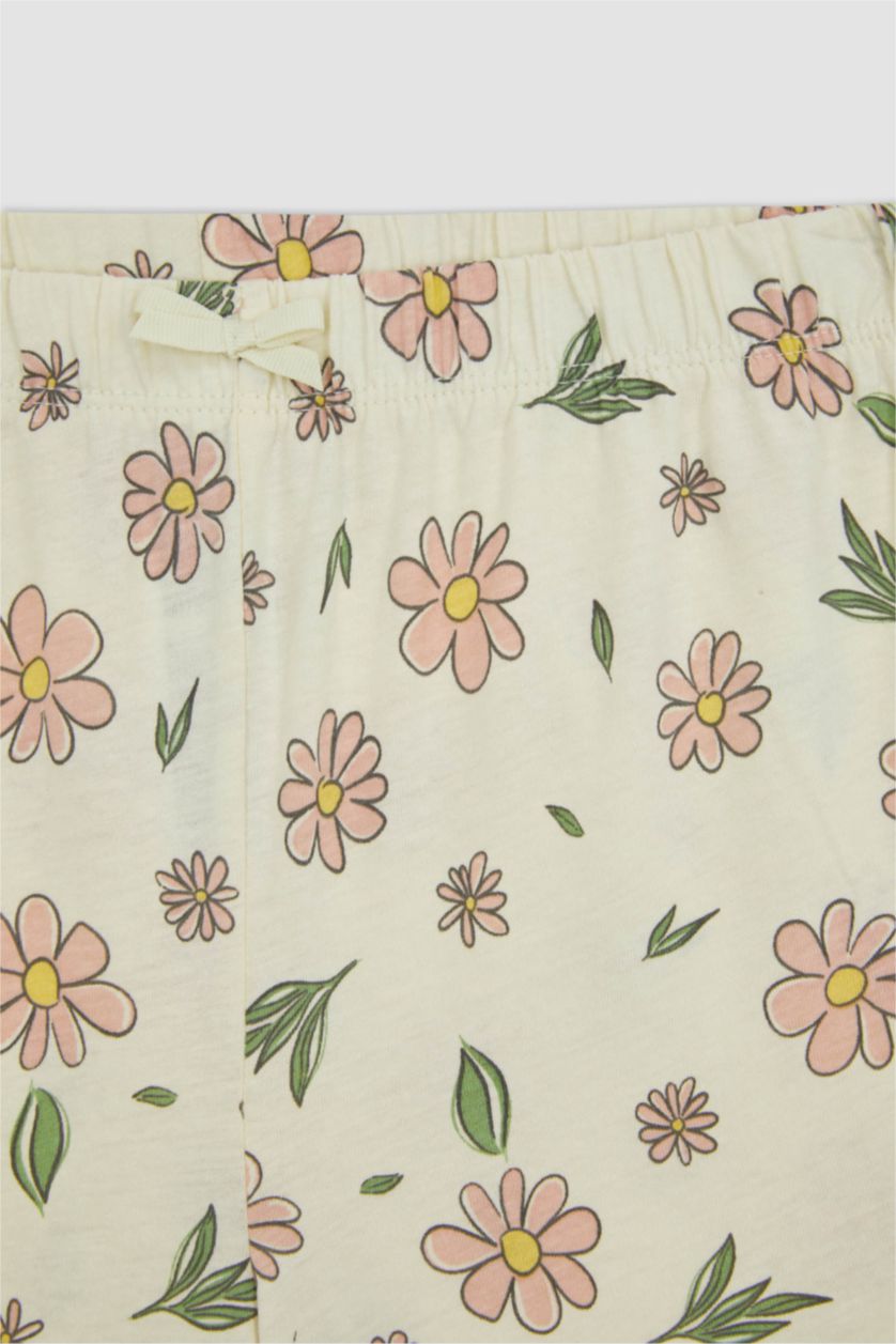 Kız Çocuk - Genç Kız Ekru Kız Çocuk Çiçekli Kısa Kollu Şortlu Pijama Takımı