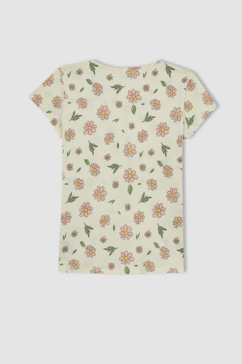 Kız Çocuk - Genç Kız Ekru Kız Çocuk Çiçekli Kısa Kollu Şortlu Pijama Takımı