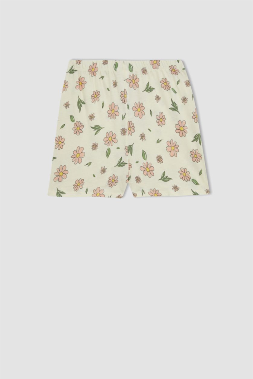 Kız Çocuk - Genç Kız Ekru Kız Çocuk Çiçekli Kısa Kollu Şortlu Pijama Takımı