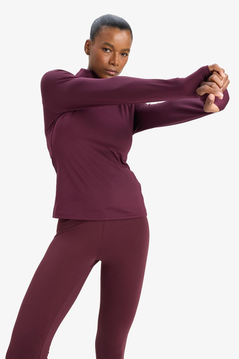 نساء خمري تيشيرت رياضي ردن طويل ببطانة ناعمة بياخة عالية بسحاب من DeFactoFit