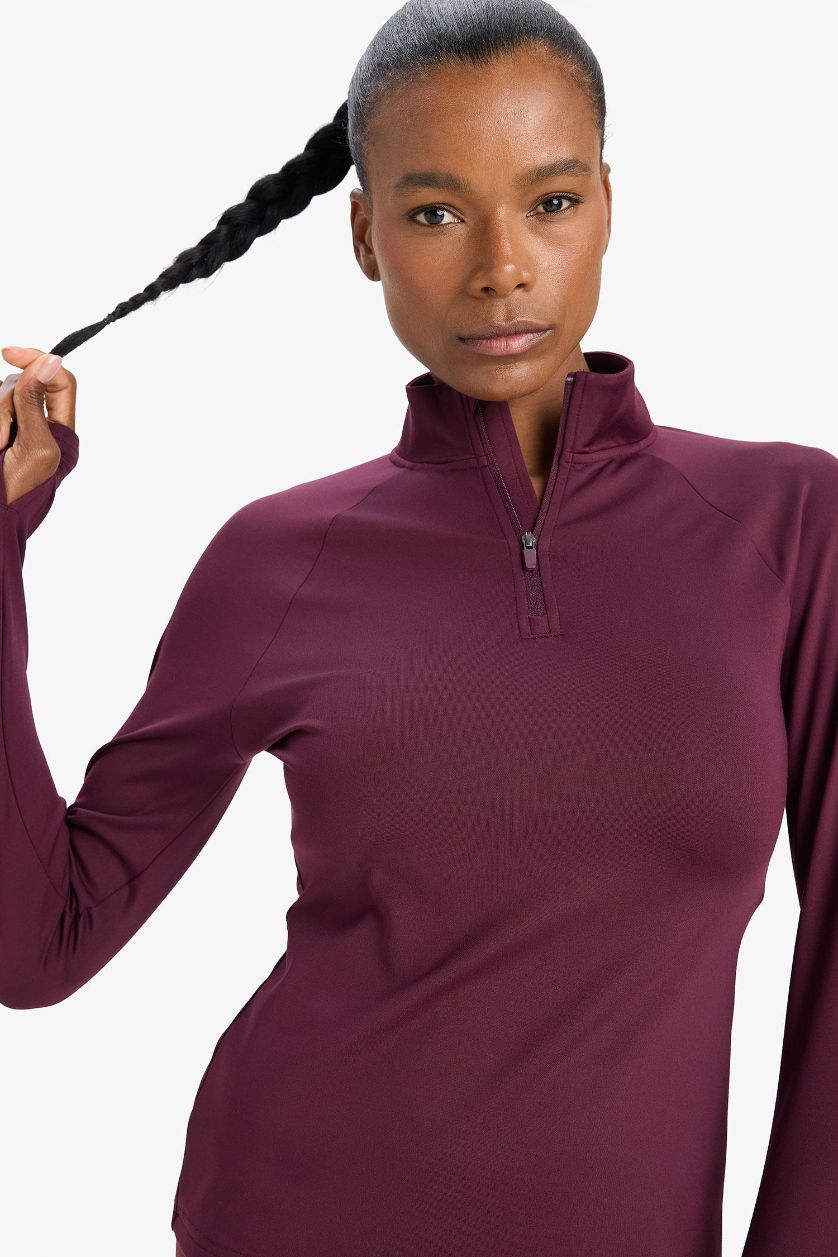 نساء خمري تيشيرت رياضي ردن طويل ببطانة ناعمة بياخة عالية بسحاب من DeFactoFit