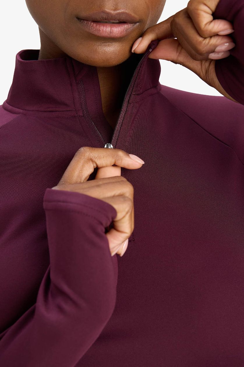 نساء خمري تيشيرت رياضي ردن طويل ببطانة ناعمة بياخة عالية بسحاب من DeFactoFit