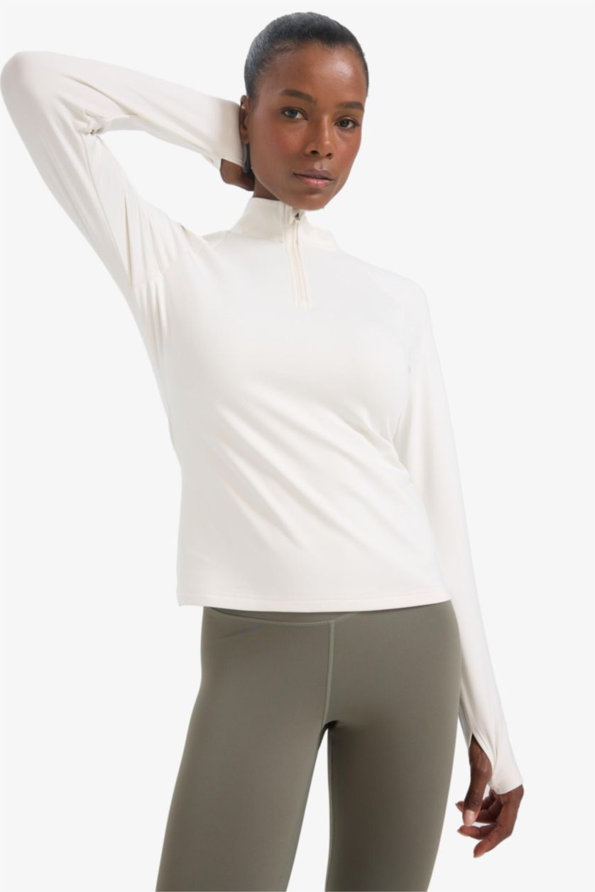نساء بيج فاتح DeFactoFit Standard Fit Zip-Up Sports T-Shirt