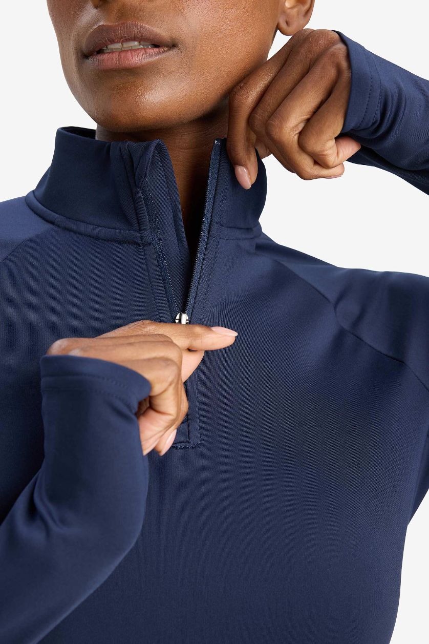 نساء كحلي تيشيرت رياضي ردن طويل ببطانة ناعمة بياخة عالية بسحاب من DeFactoFit