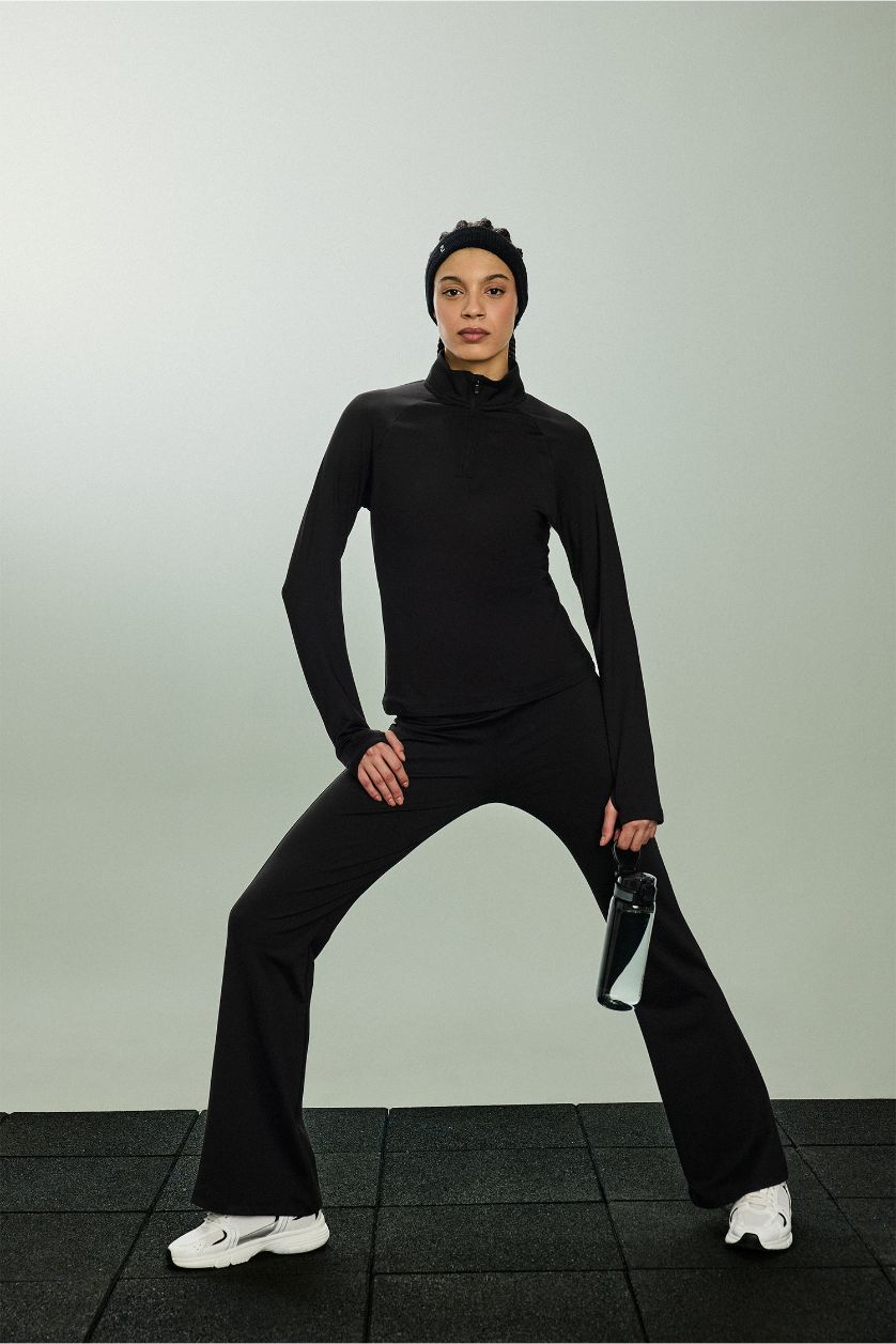 Kadın Siyah Warmtech Standart Fit Dik Yaka Fermuarlı İçi Yumuşak Tüylü Sporcu Uzun Kollu Tişört