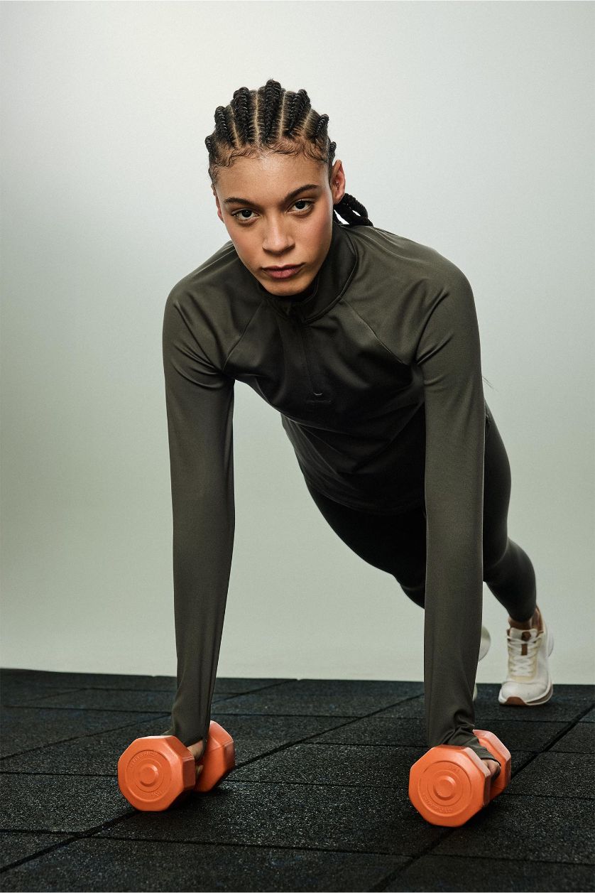 WOMAN Dark Khaki Standard Fit Stand Collar Sports Long Sleeve T-Shirt