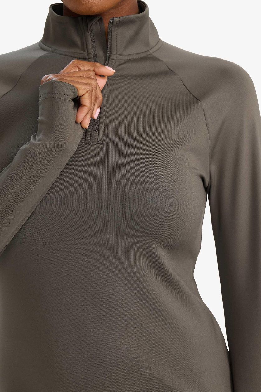 WOMAN Dark Khaki Standard Fit Stand Collar Sports Long Sleeve T-Shirt