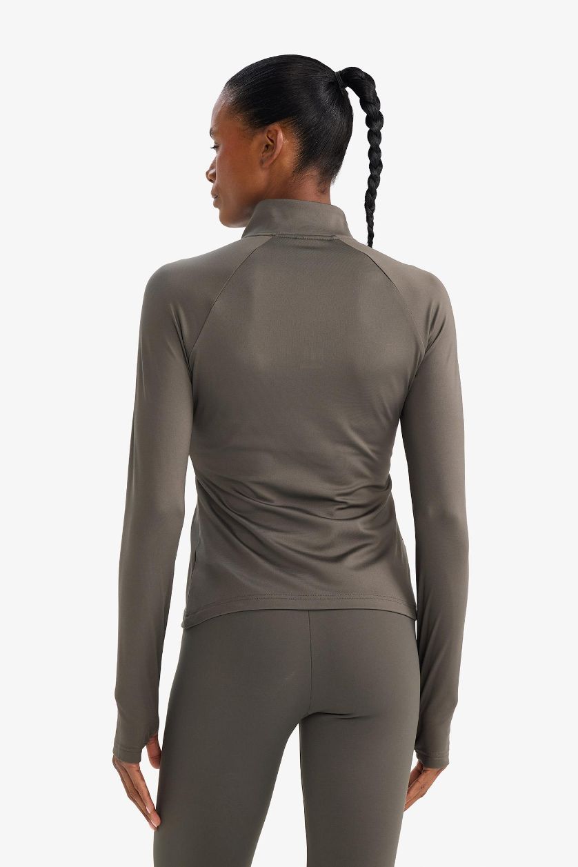 WOMAN Dark Khaki Standard Fit Stand Collar Sports Long Sleeve T-Shirt