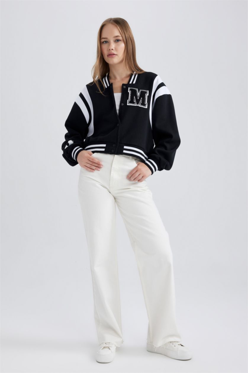 WOMAN Black Oversize Fit Thick Sweatshirt Fabric Bomber Jacket