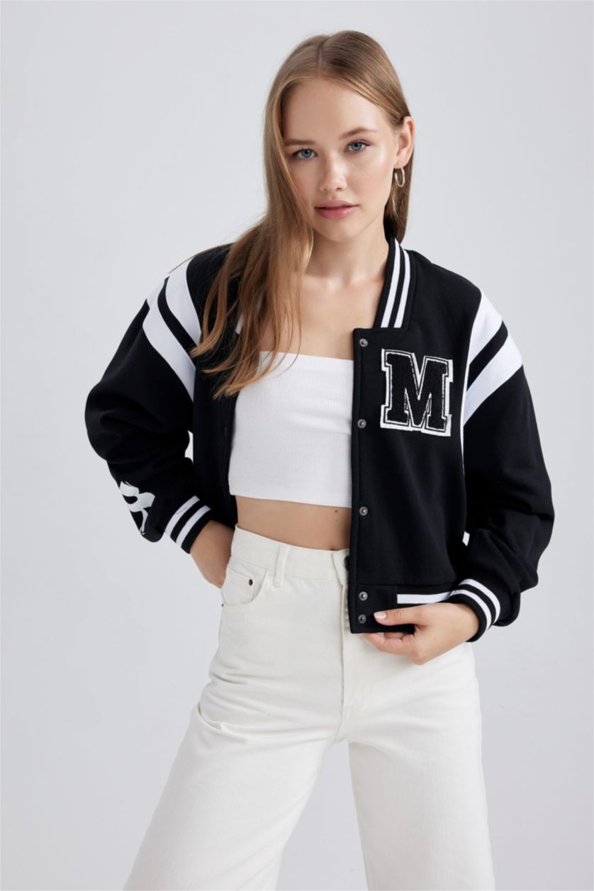 WOMAN Black Oversize Fit Thick Sweatshirt Fabric Bomber Jacket