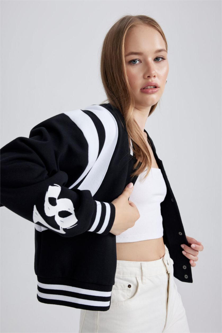 WOMAN Black Oversize Fit Thick Sweatshirt Fabric Bomber Jacket