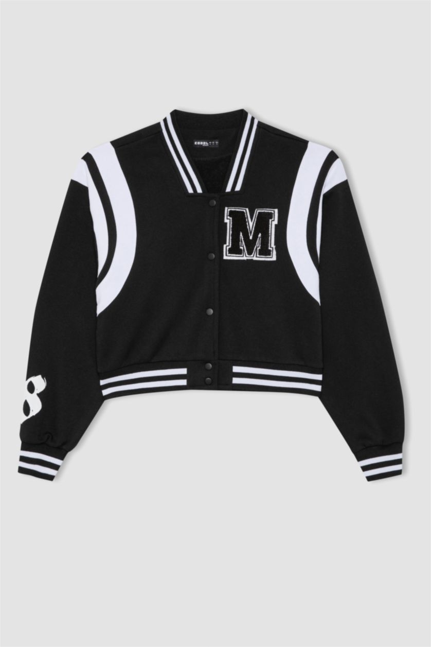 WOMAN Black Oversize Fit Thick Sweatshirt Fabric Bomber Jacket