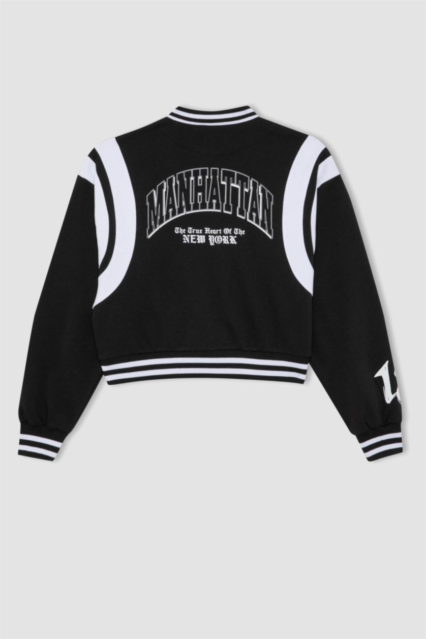 WOMAN Black Oversize Fit Thick Sweatshirt Fabric Bomber Jacket