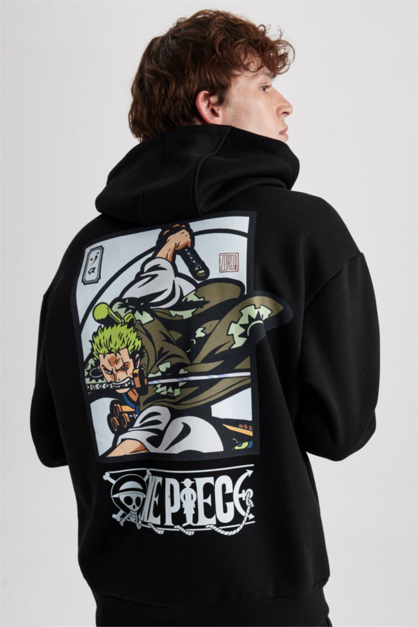 رجال أسود سويت شيرت مطبوع اوفر سايز بغطاء للرأس من ون بيس    