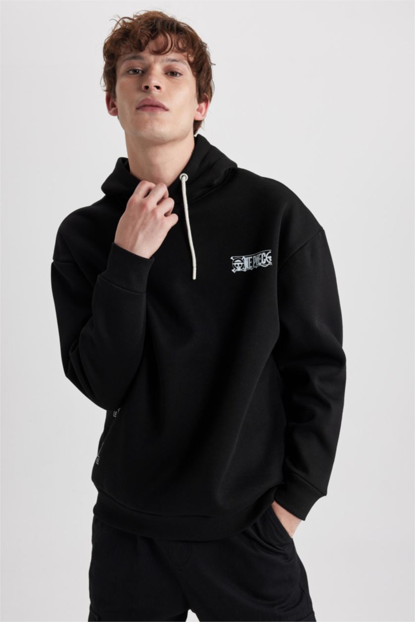 رجال أسود سويت شيرت مطبوع اوفر سايز بغطاء للرأس من ون بيس    