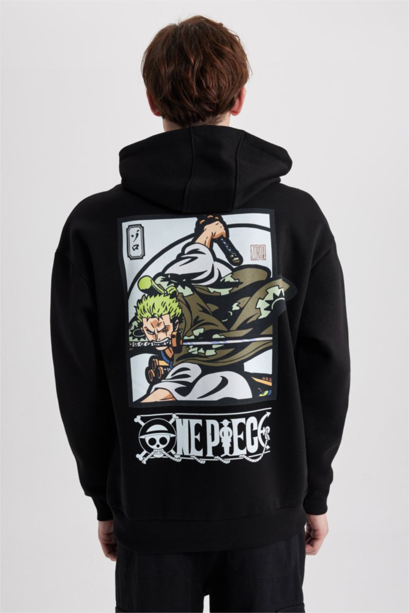 رجال أسود سويت شيرت مطبوع اوفر سايز بغطاء للرأس من ون بيس    