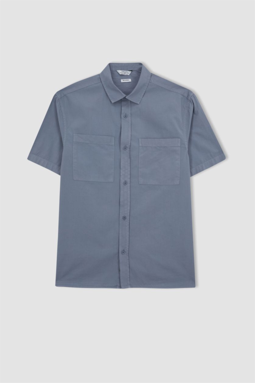 Erkek Açık Gri Relax Fit Pamuklu Cepli Kısa Kollu Gömlek