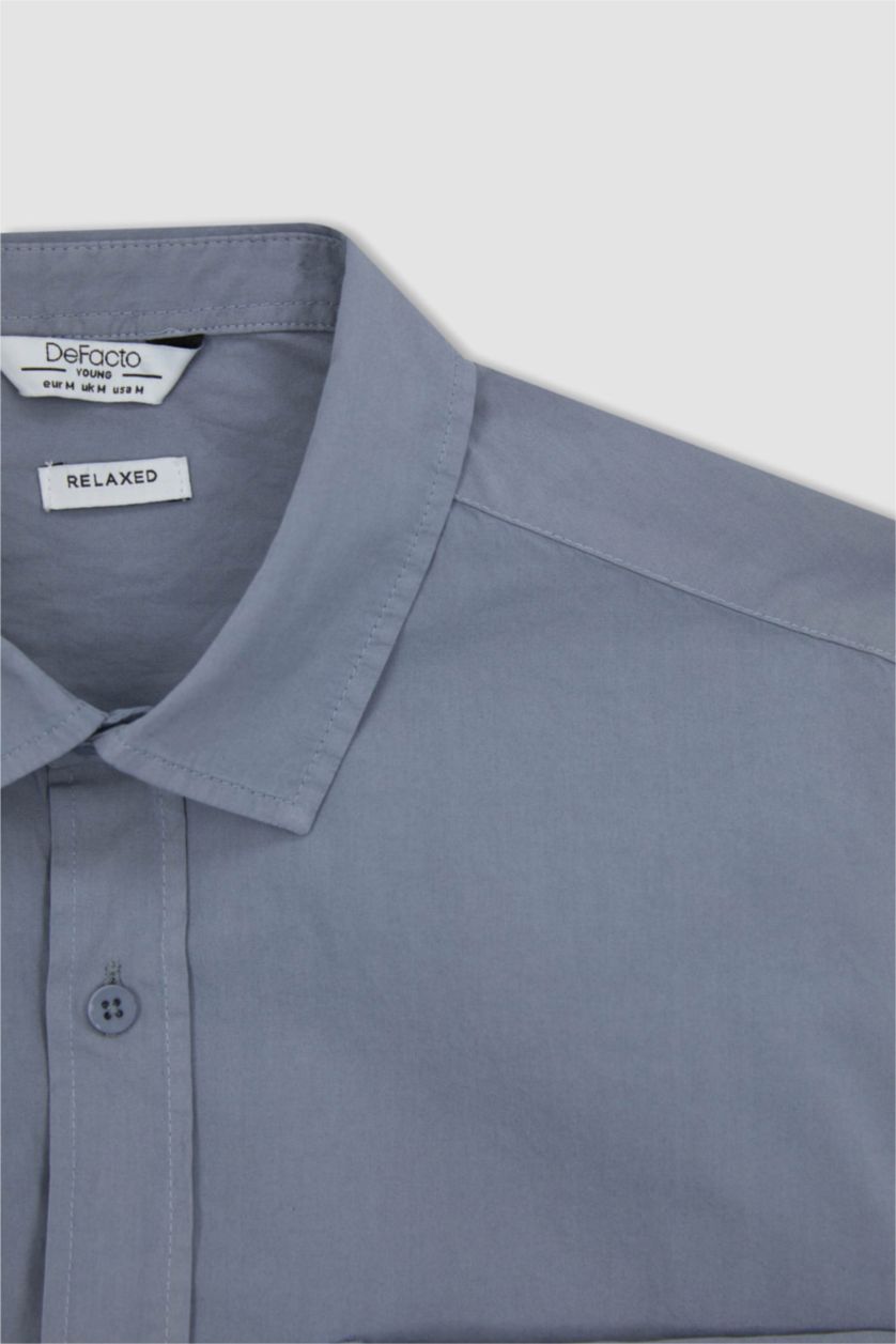 Erkek Açık Gri Relax Fit Pamuklu Cepli Kısa Kollu Gömlek