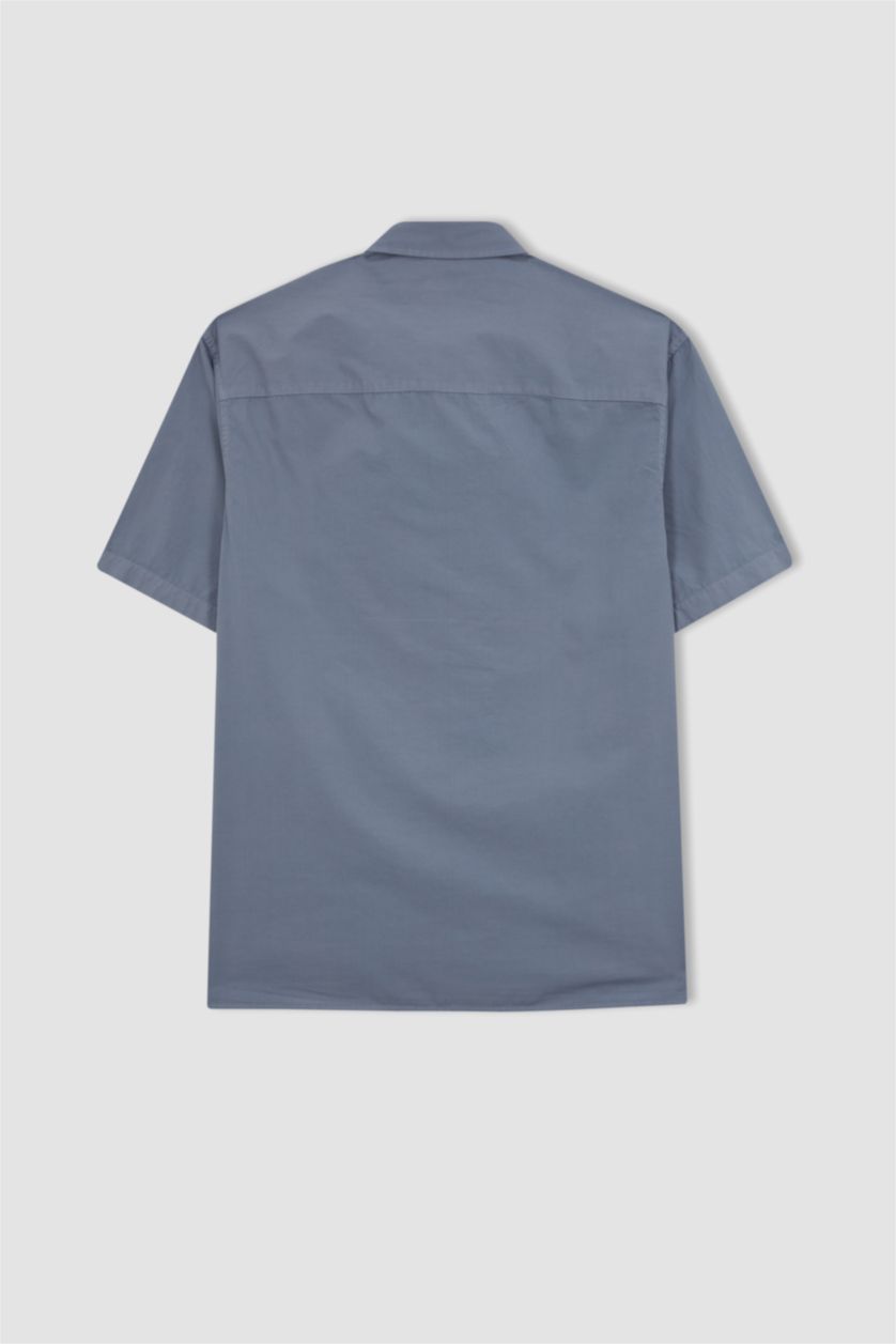 Erkek Açık Gri Relax Fit Pamuklu Cepli Kısa Kollu Gömlek