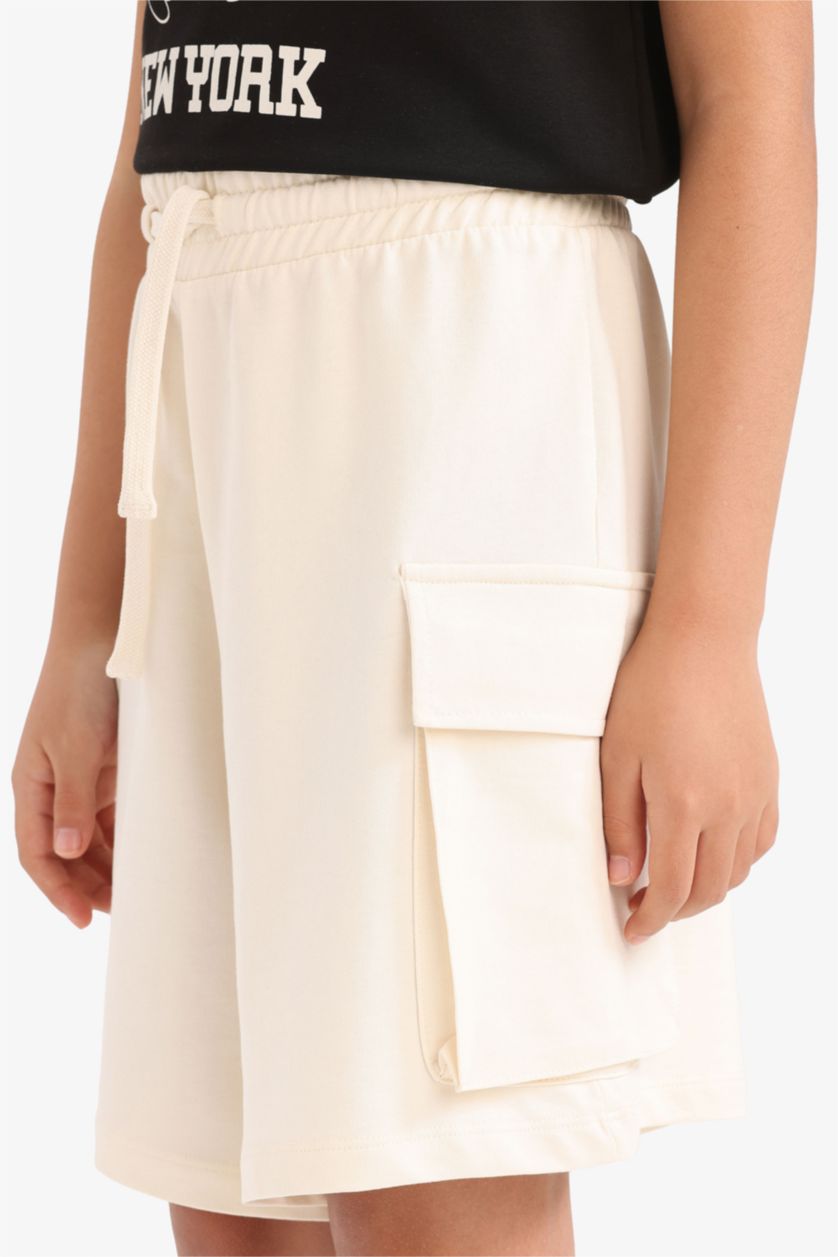 Kız Çocuk - Genç Kız Ekru Beli Lastikli Kargo Cepli Şort Kız Çocuk