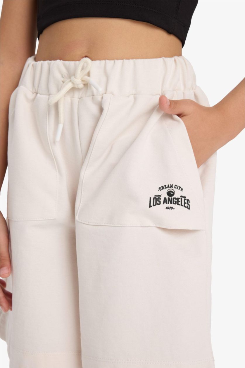 Kız Çocuk - Genç Kız Ekru Beli Lastikli Basic Düz Şort Kız Çocuk