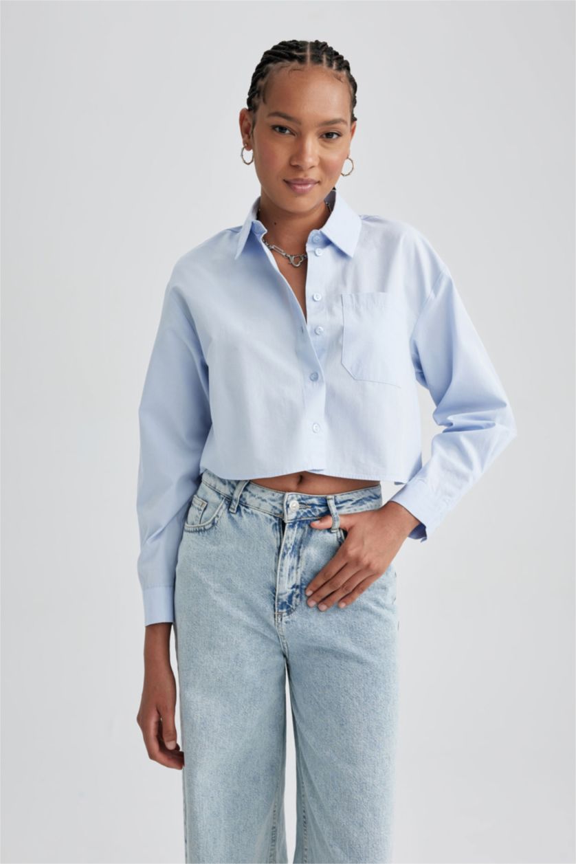 حريمي أزرق فاتح قميص قطن كروب توب كم طويل