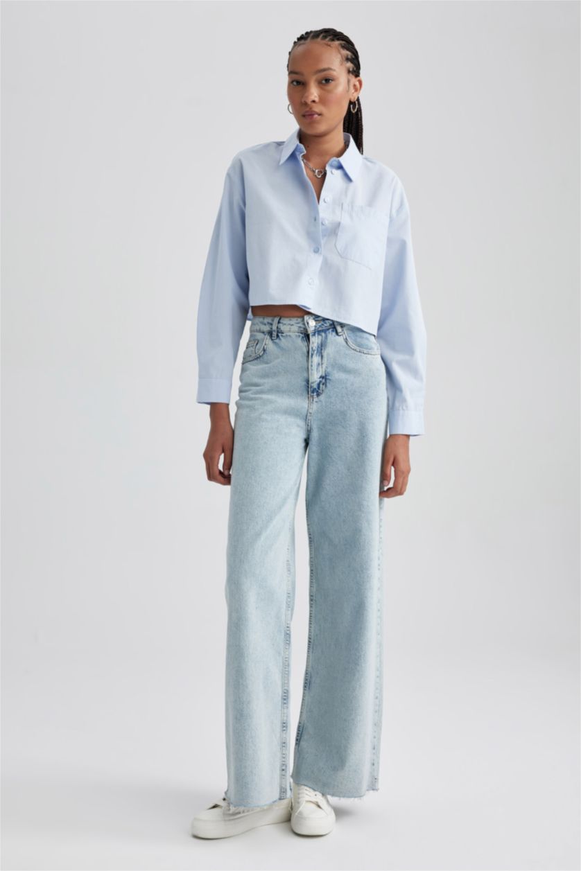 حريمي أزرق فاتح قميص قطن كروب توب كم طويل