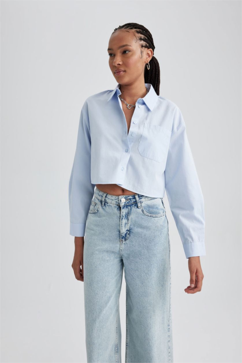 حريمي أزرق فاتح قميص قطن كروب توب كم طويل