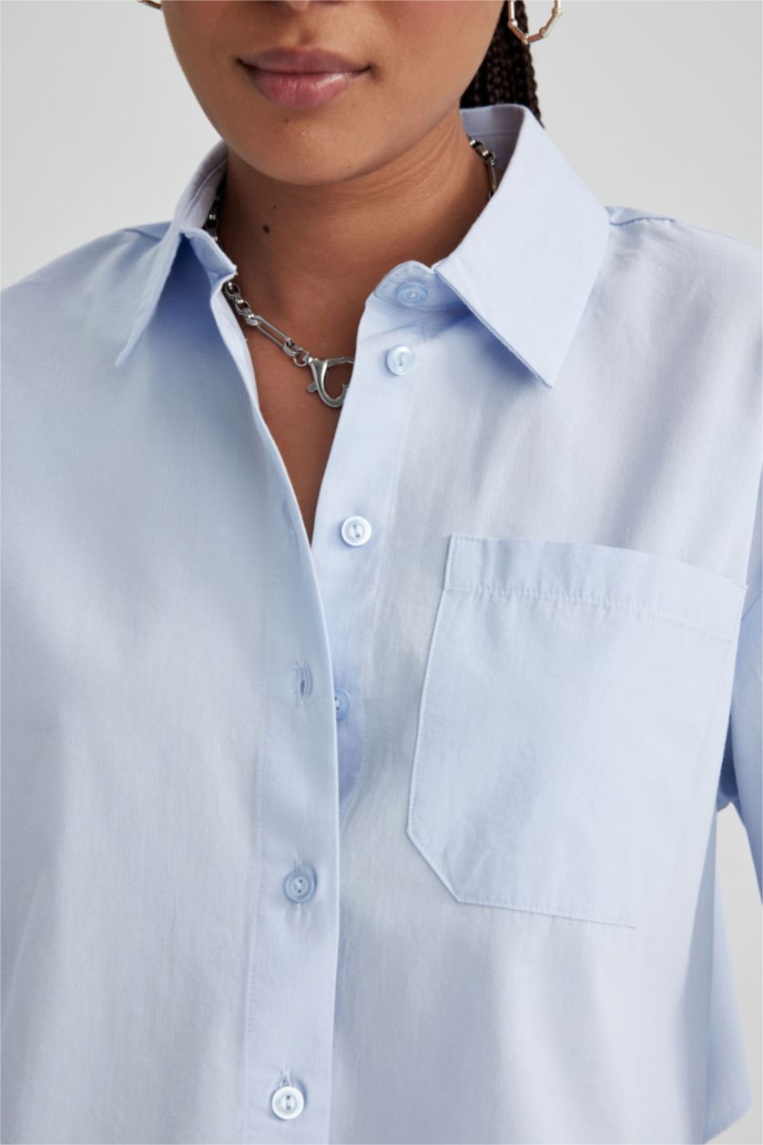 حريمي أزرق فاتح قميص قطن كروب توب كم طويل