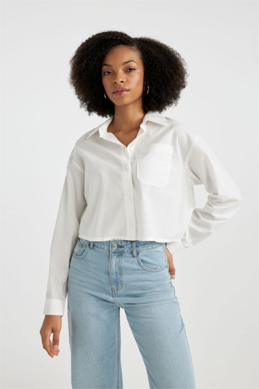 نساء اوف وايت قميص قطن كروب توب كم طويل