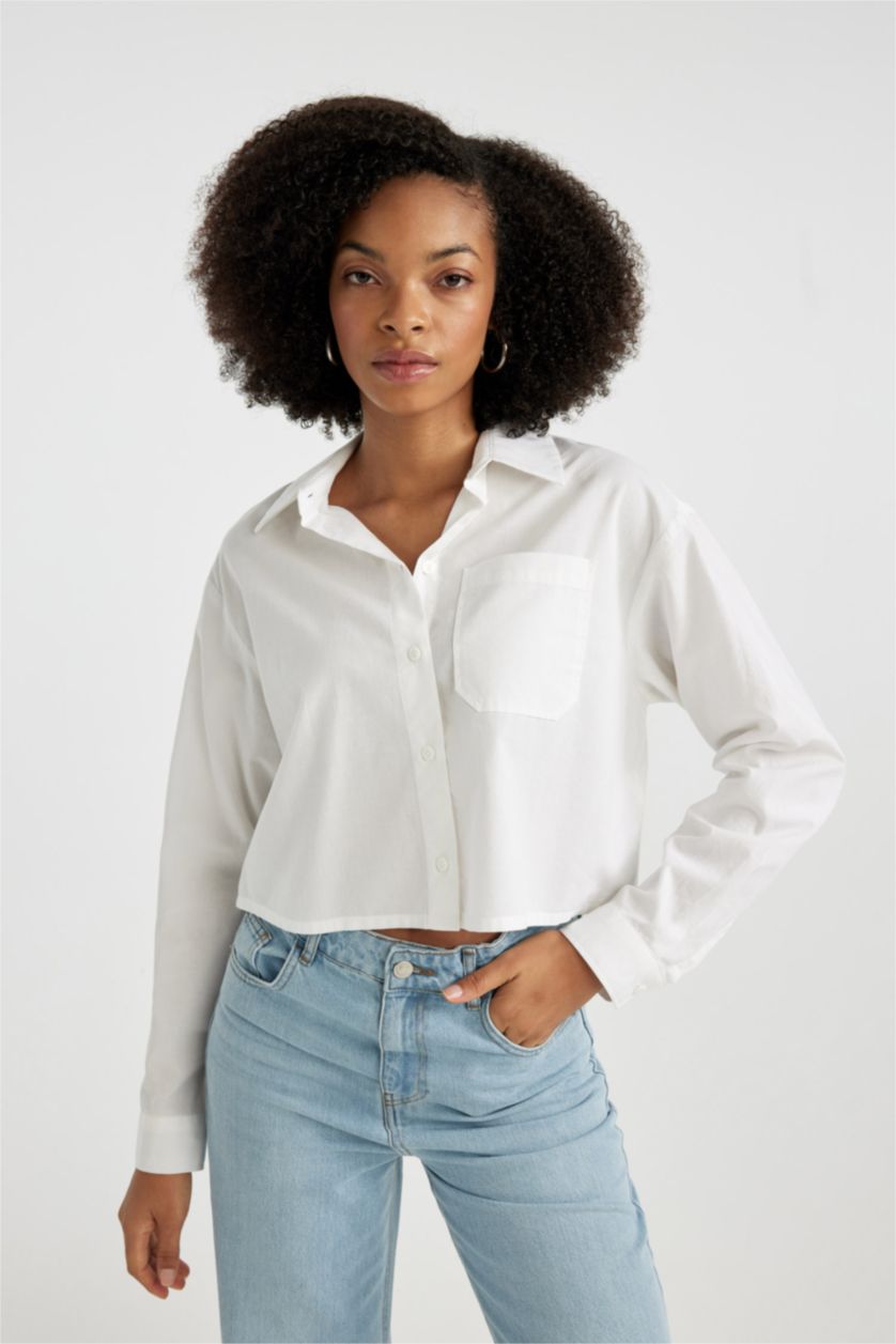 نساء اوف وايت قميص قطن كروب توب كم طويل